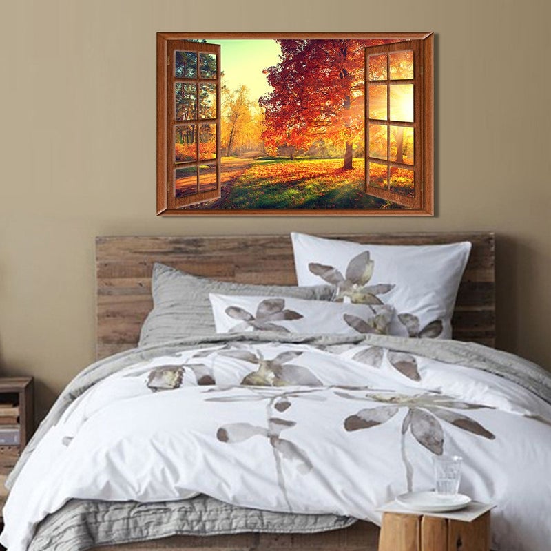 LevvArts Canvas Prints Wall Art,View from Vintage Window of Autumn Scene,Fall Forest Trees in Sun Light Painting Modern Wall Decor,Framed Ready to Hang,-24 x 36 - Image 4